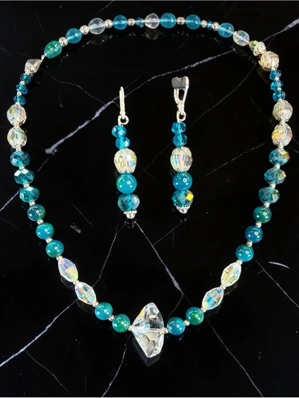 Teal Crystal Bead Necklace and Earring Set